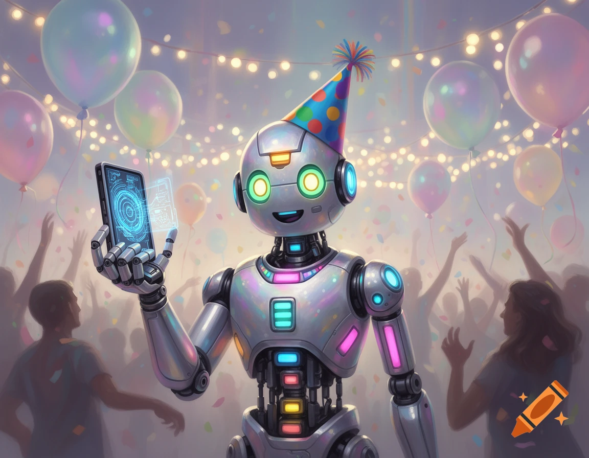 A friendly robot wearing a polka dot party hat holds a futuristic tablet with glowing blue graphics, at a vibrant party with balloons, string lights, and blurred people in the background.