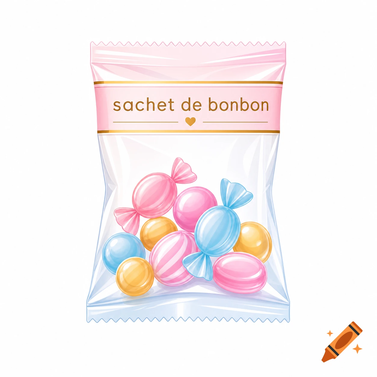 A colorful illustration of a clear pink-topped packet filled with various pastel candies, labeled "sachet de bonbon".