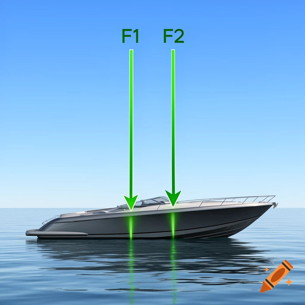A sleek boat floats on calm water under a clear blue sky, with two green vertical vectors labeled F1 and F2 pointing down into its hull.