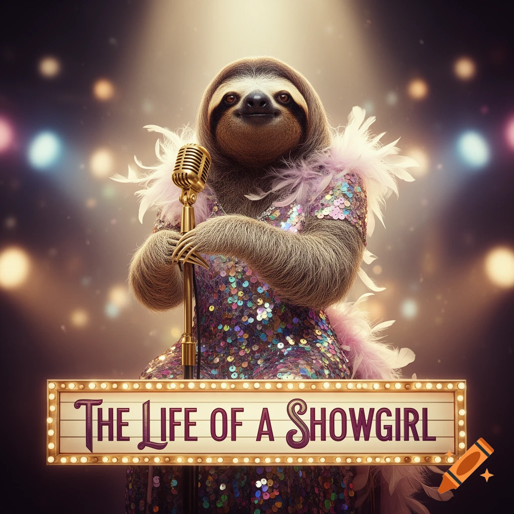 A smiling sloth in a sequined showgirl dress with pink feathers holds a golden microphone. A marquee sign reads 'THE LIFE OF A SHOWGIRL'.