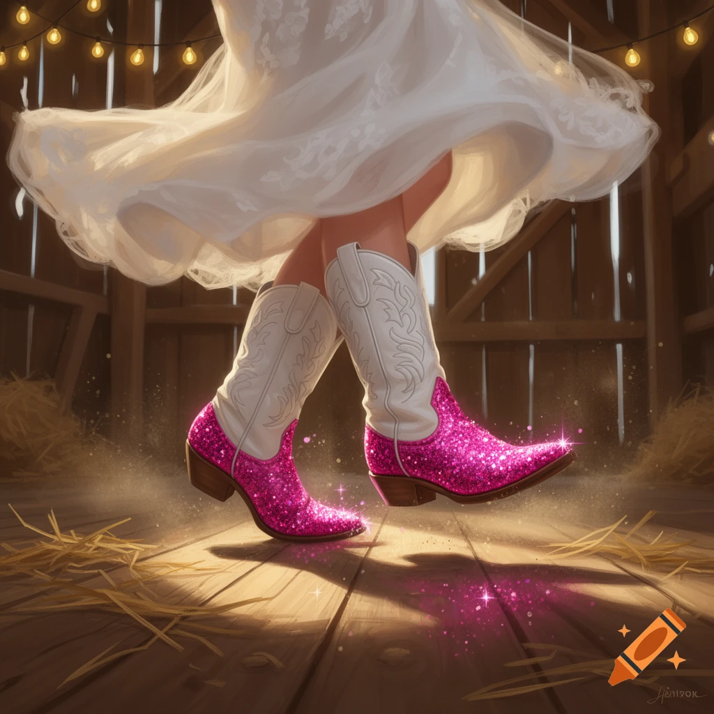 Bride in a white wedding dress and sparkly pink-toed cowboy boots dances in a rustic barn with string lights and hay.