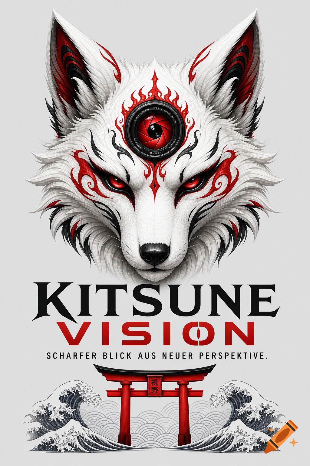 A graphic illustration of a white Kitsune fox head with red and black markings, a camera lens as a third eye, and "KITSUNE VISION" text. Below are a red Torii gate and traditional wave patterns.