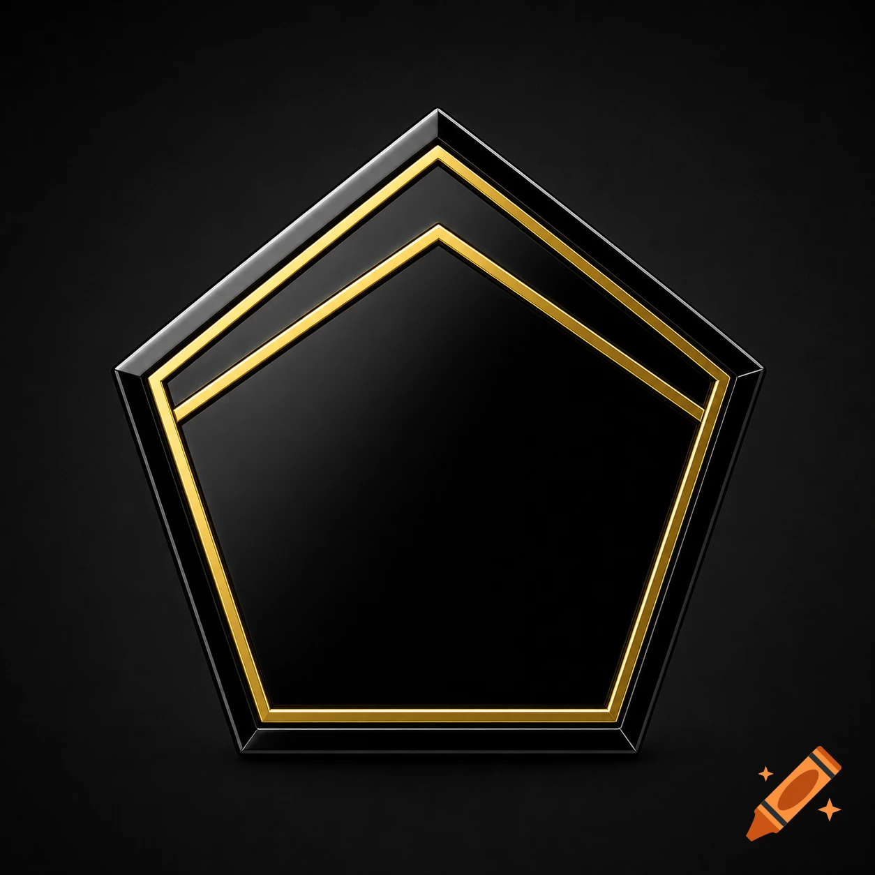 A glossy black pentagon outlined in gold, with an internal gold frame mirroring the top two-thirds, on a dark background.