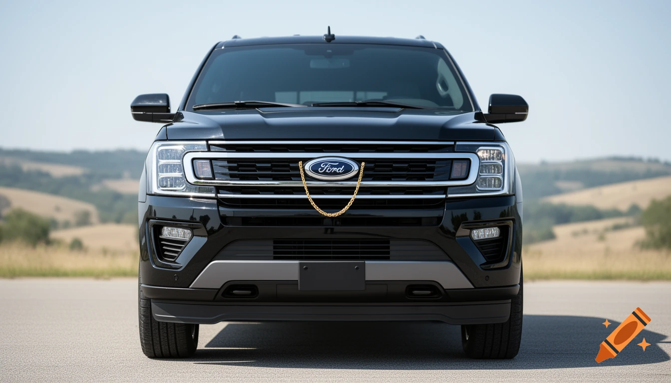 A black 2024 Ford Expedition SUV facing forward, with a gold chain draped across its front grille against a clear sky and hilly landscape.