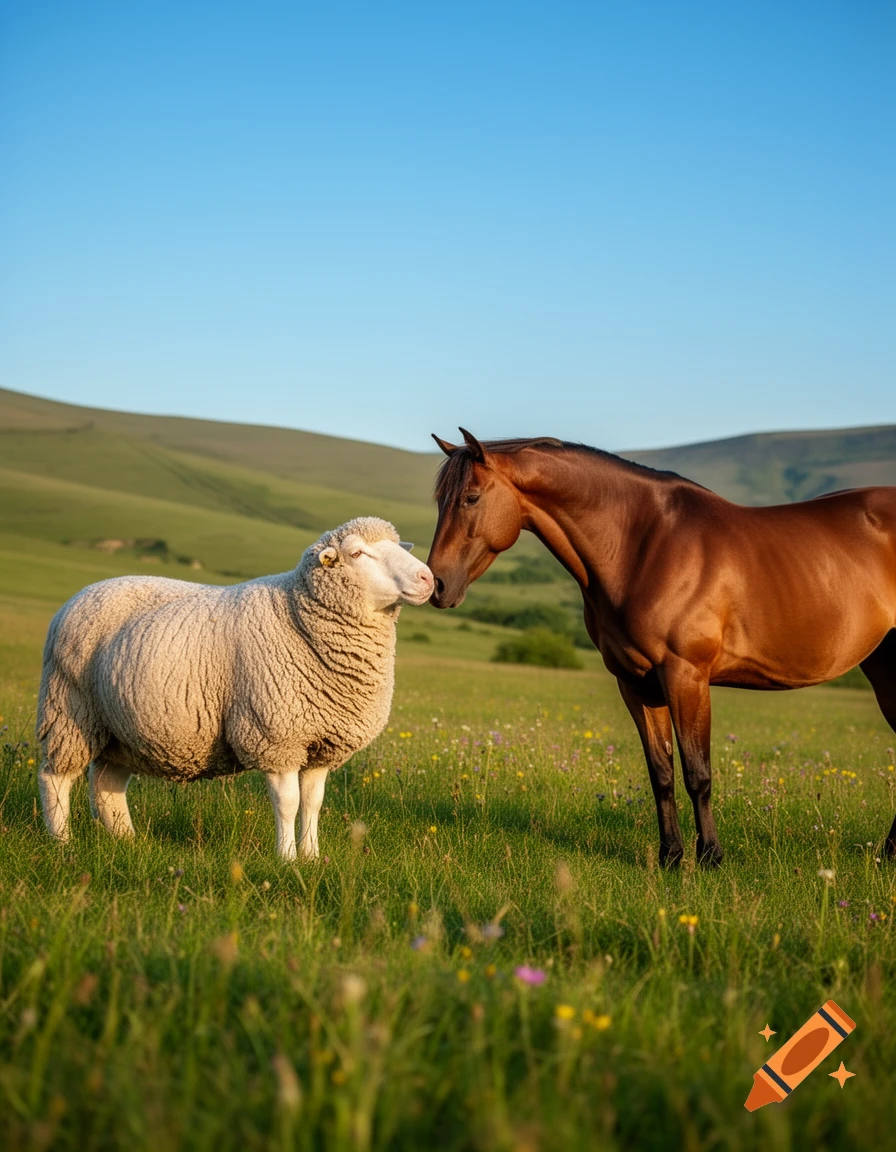 A fluffy white sheep and a brown horse touch noses in a vibrant green field under a clear blue sky, with rolling hills in the background.