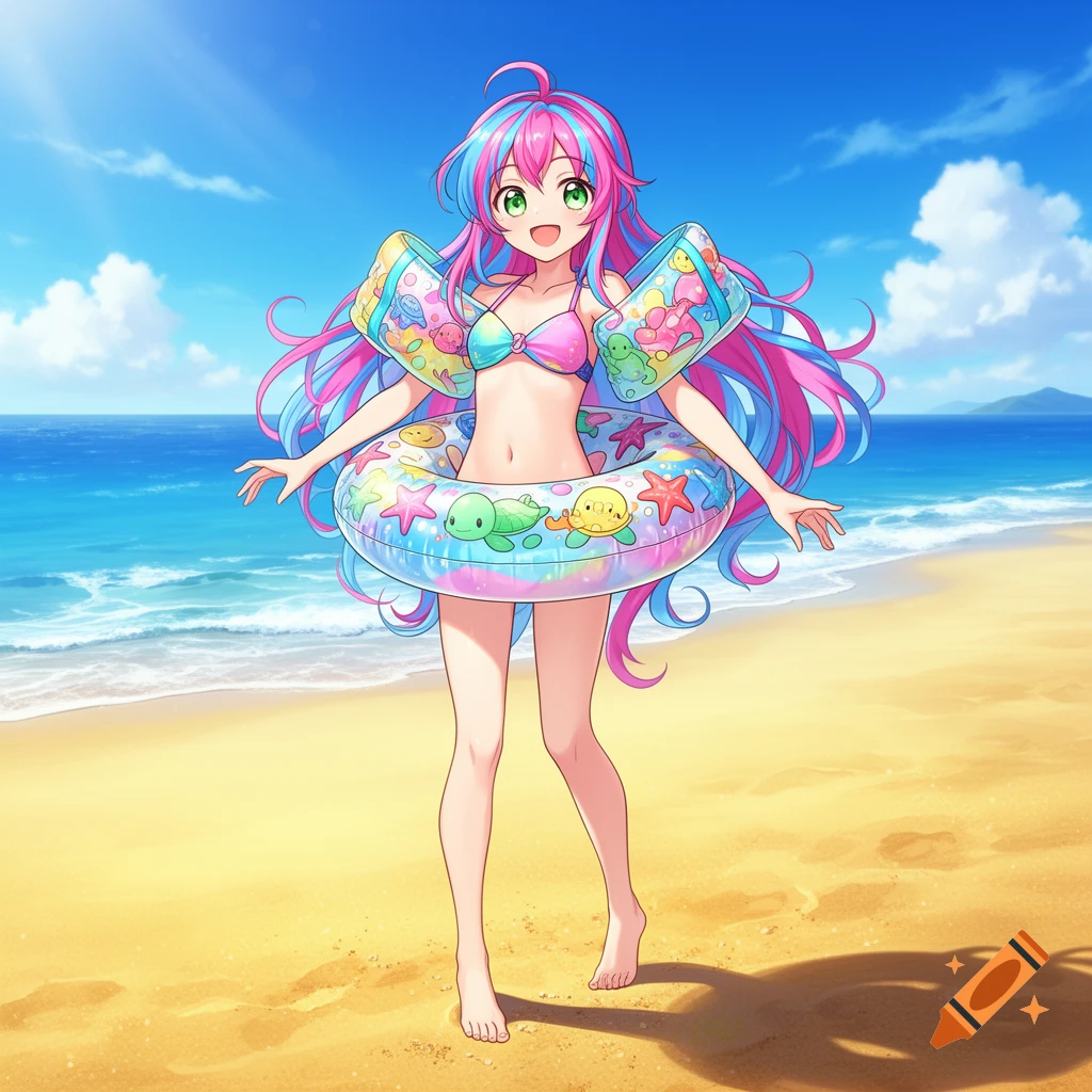 An anime girl with pink and blue hair, wearing a bikini, water wings, and a swim ring, smiles on a sunny beach.