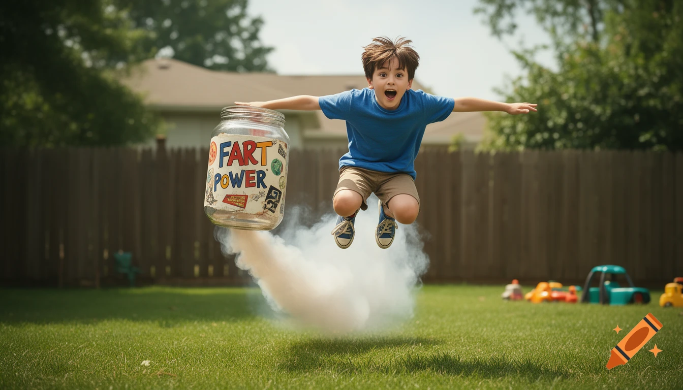 A boy in a backyard floats above the grass, propelled by smoke from a "FART POWER" jar beneath him, looking surprised.