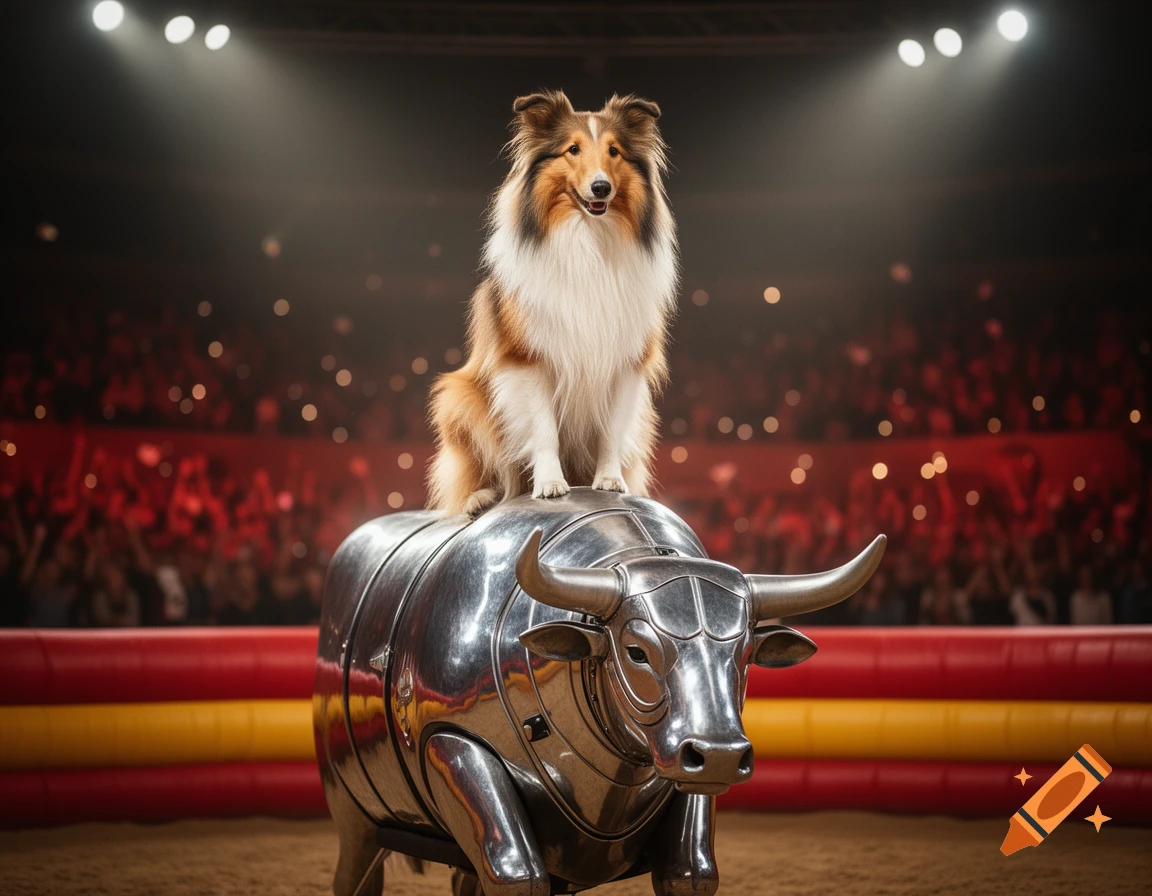 A photorealistic image of a rough collie standing on a shiny metallic mechanical bull in a dimly lit arena filled with a cheering audience.