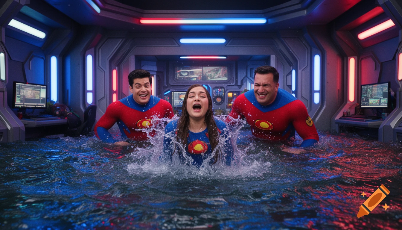 Three superheroes, two men and one woman, emerge from a flooded futuristic room, splashing water and expressing relief, in a Nickelodeon superhero style.