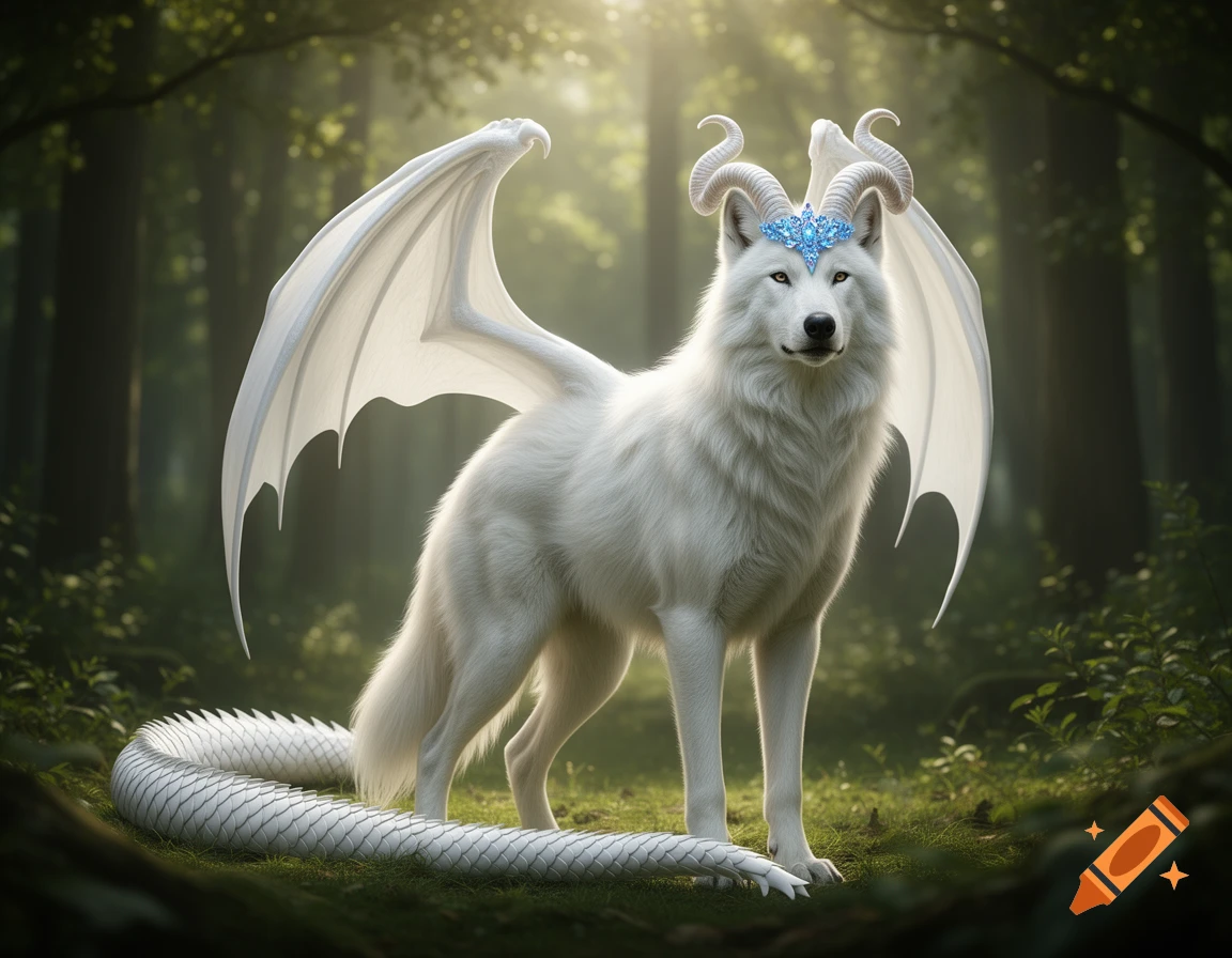 A majestic white fantasy wolf with dragon wings, ram horns, a blue diadem, and a scaled tail stands in a sunlit forest.