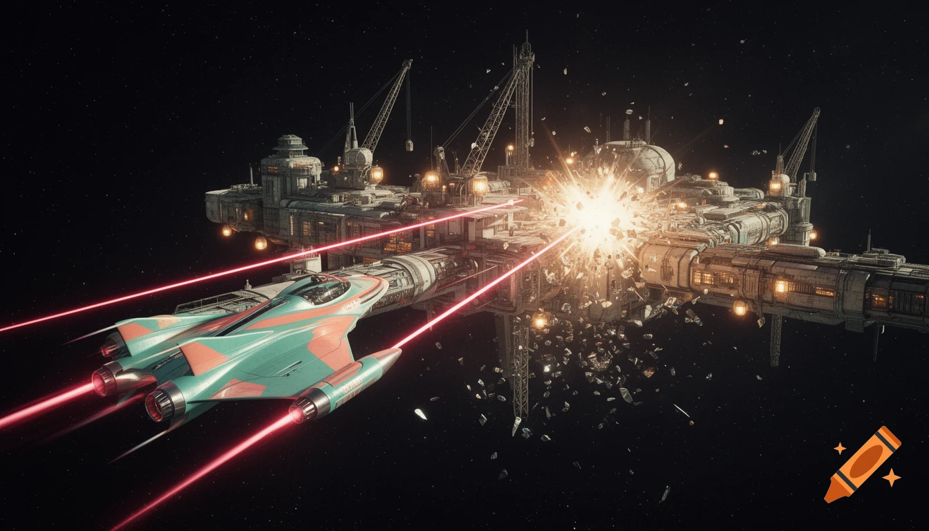 A teal and red spaceship fires lasers at a large, brightly lit space station, causing a fiery explosion with debris in space.