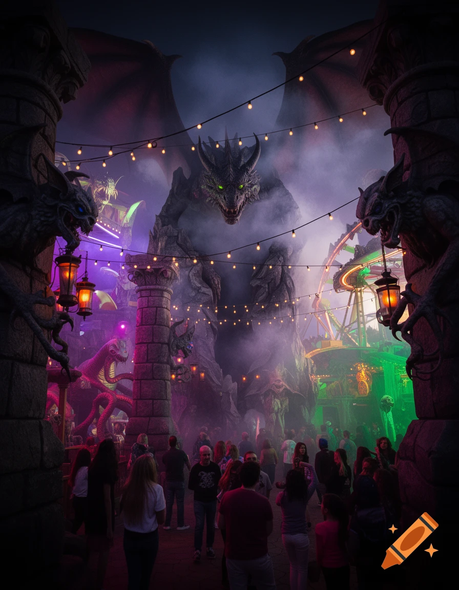 A nighttime view of a monster-themed amusement park, featuring a giant dragon statue, gargoyles, glowing string lights, and a crowd of people.