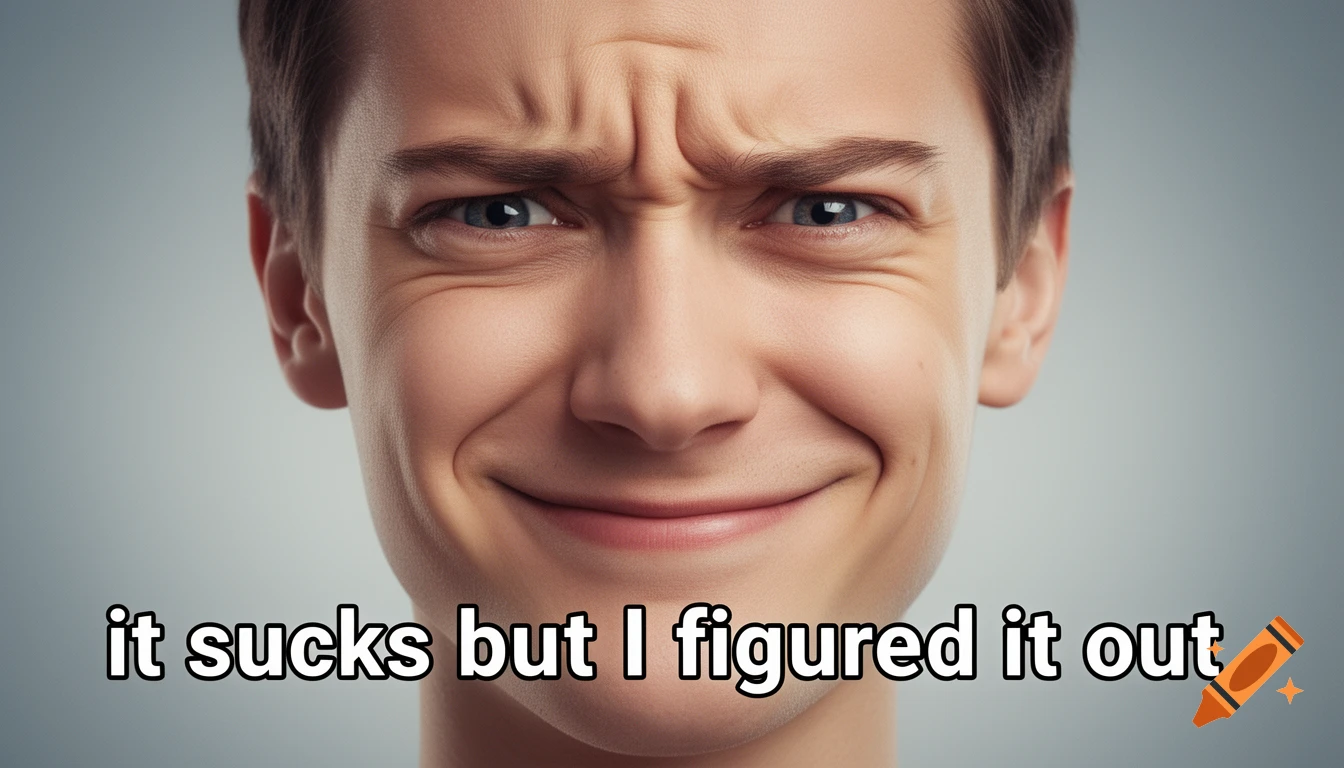 Close-up of a young man with a stressed expression and a slight smirk, text reads "it sucks but I figured it out".