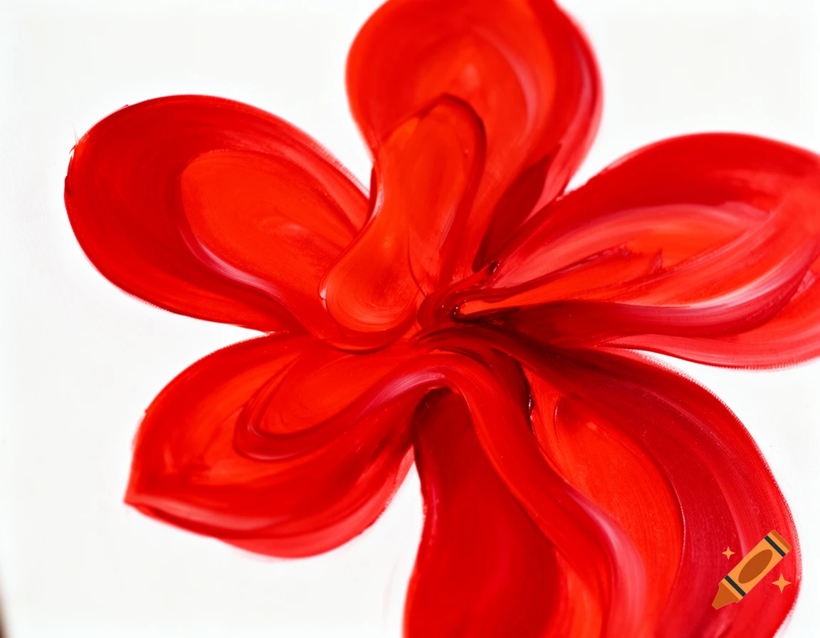 An abstract, close-up painting of a bright red, flower-like shape with thick brushstrokes on a white background.