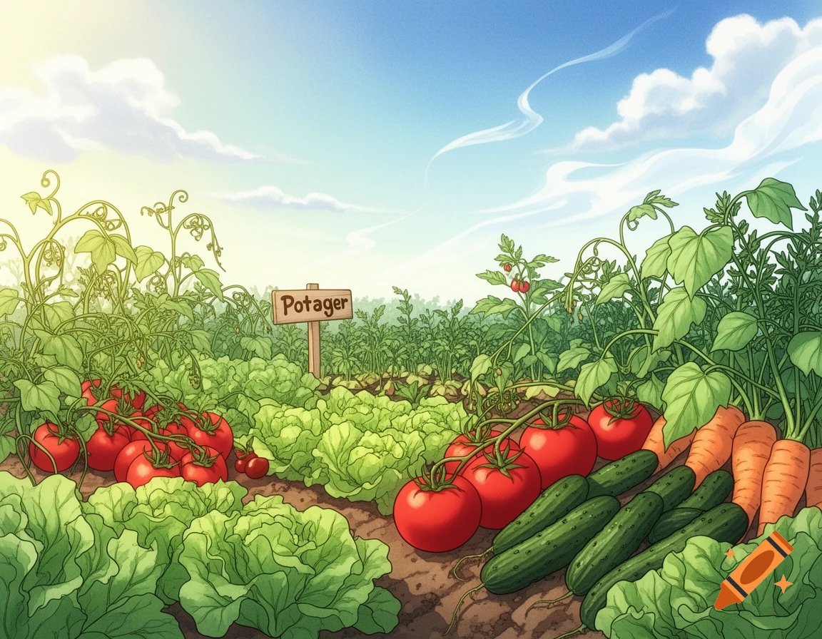 A vibrant manga-style illustration of a rich vegetable garden with tomatoes, lettuce, cucumbers, and carrots under a sunny sky.
