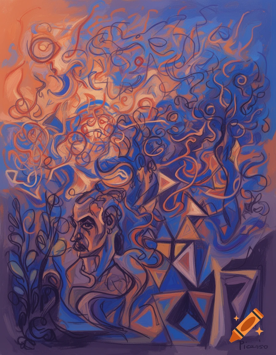 Cubist abstract painting of a stylized figure with swirling lines, geometric shapes, and a distorted profile in orange and blue.