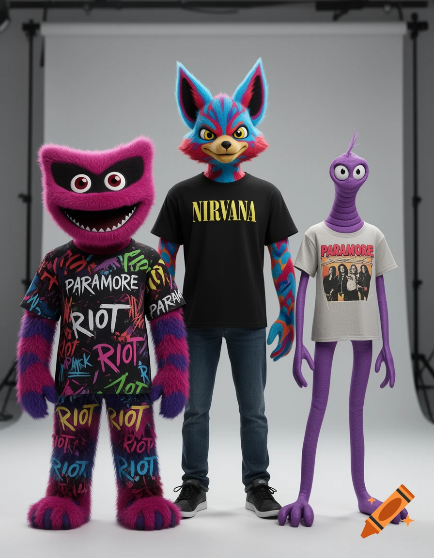 Three stylized cartoon mascots: a pink furry monster, a blue and red fox, and a purple worm-like character, all wearing band t-shirts in a studio setting.