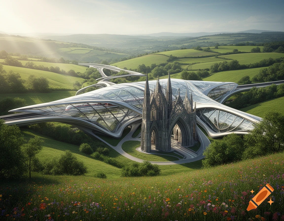 A futuristic transport hub with a gothic cathedral-like structure nestled in rolling green hills with wildflowers.