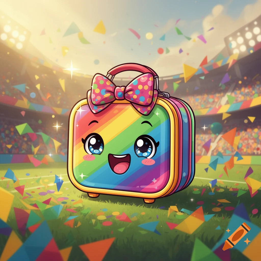 Cute rainbow cartoon lunchbox with a happy face, big eyes, and a pink polka-dot bow on a stadium field with colorful confetti.