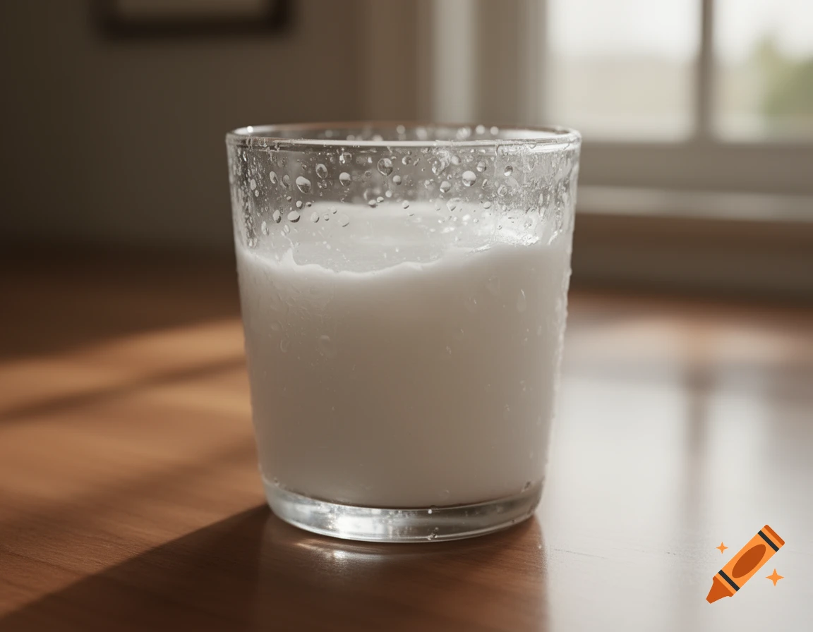 A glass of cold white liquid with condensation on the outside, sitting on a wooden table with sunlight.