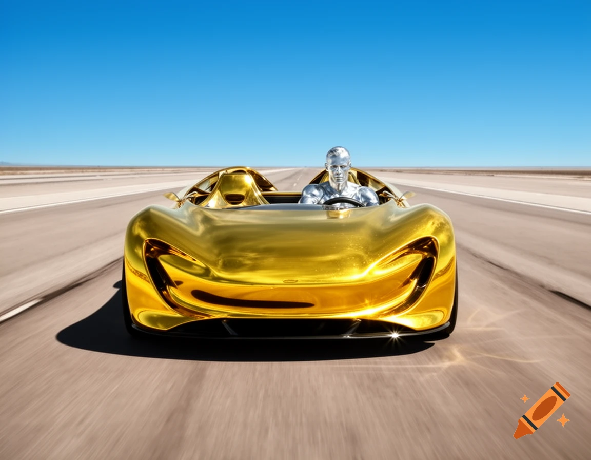 A sleek, shiny gold car with a silver driver speeds down a wide desert highway under a clear blue sky.