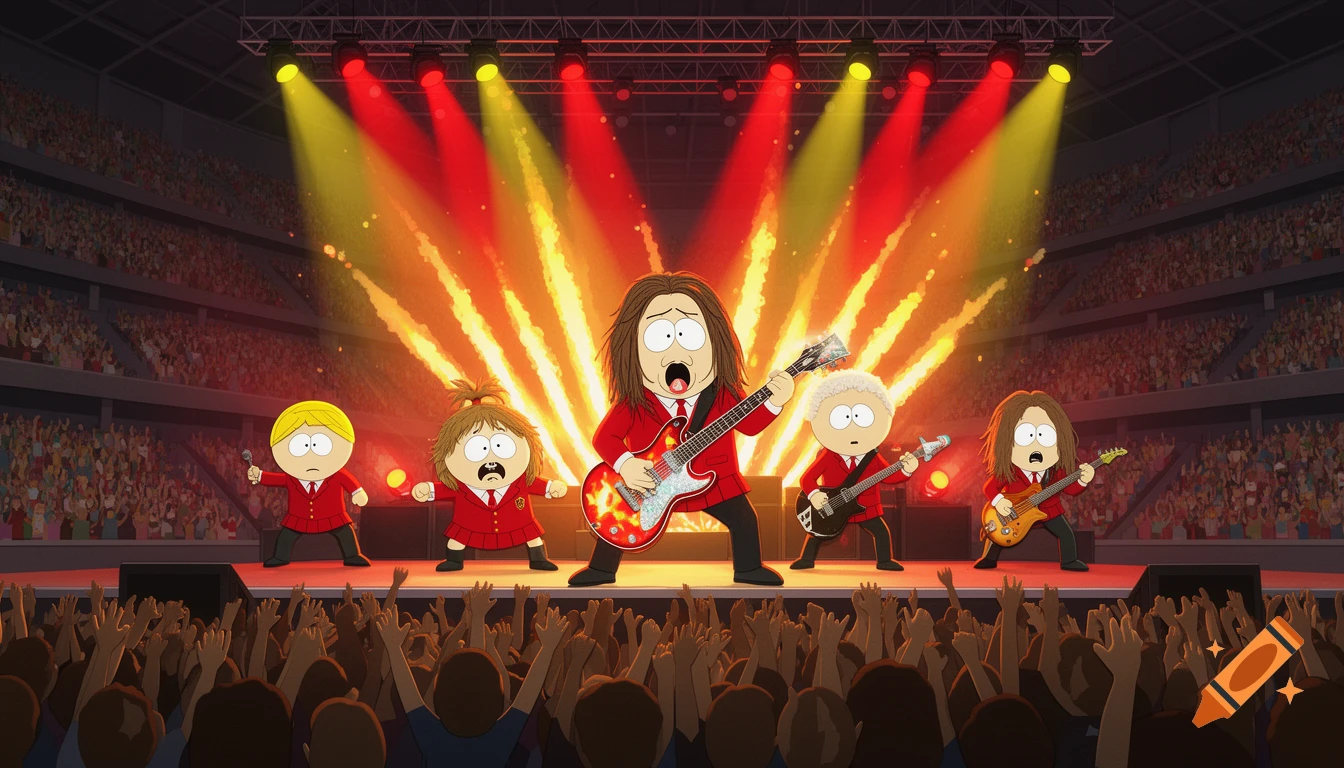 A cartoon rock band in the style of South Park performs on stage in a stadium, illuminated by red and yellow spotlights and pyrotechnics, with a cheering crowd.