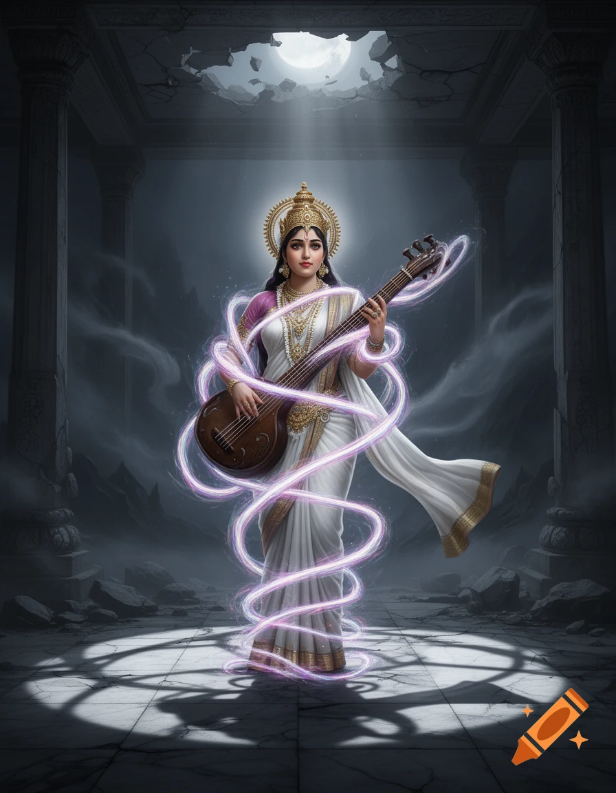 Goddess Saraswati stands in a ruined temple, holding a stringed instrument, surrounded by swirling purple magic under a moonlit sky.