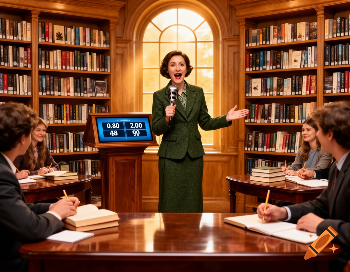 A woman in a green suit with a microphone hosts a game show in a wood-paneled library, with students sitting at tables with books and notepads. Numbers are displayed on a podium screen.