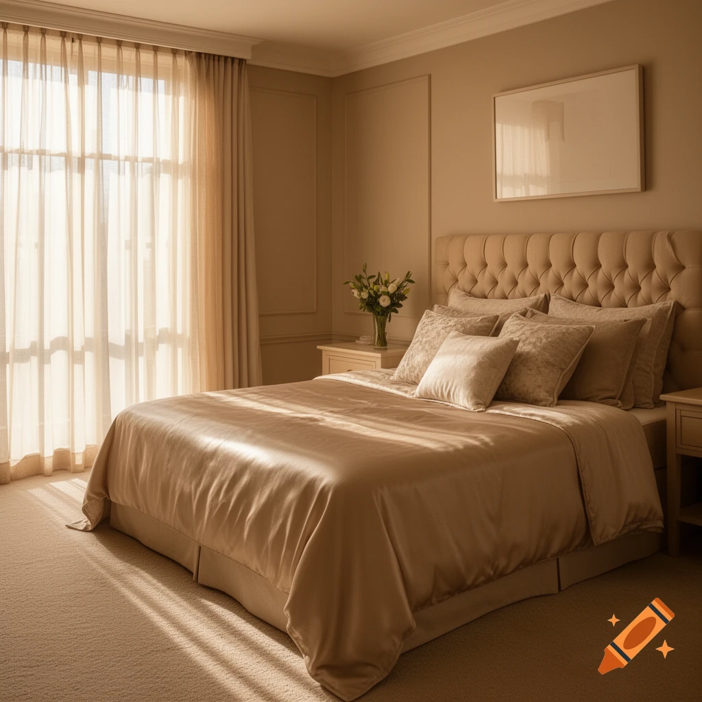 A bright, sunlit bedroom with a large bed, tufted headboard, elegant sheer curtains, and a vase of flowers.