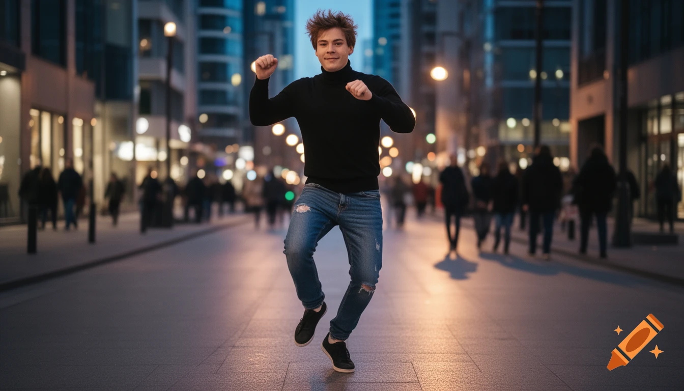 A young man in a black turtleneck and ripped jeans jumps and dances in a blurred city street at dusk.