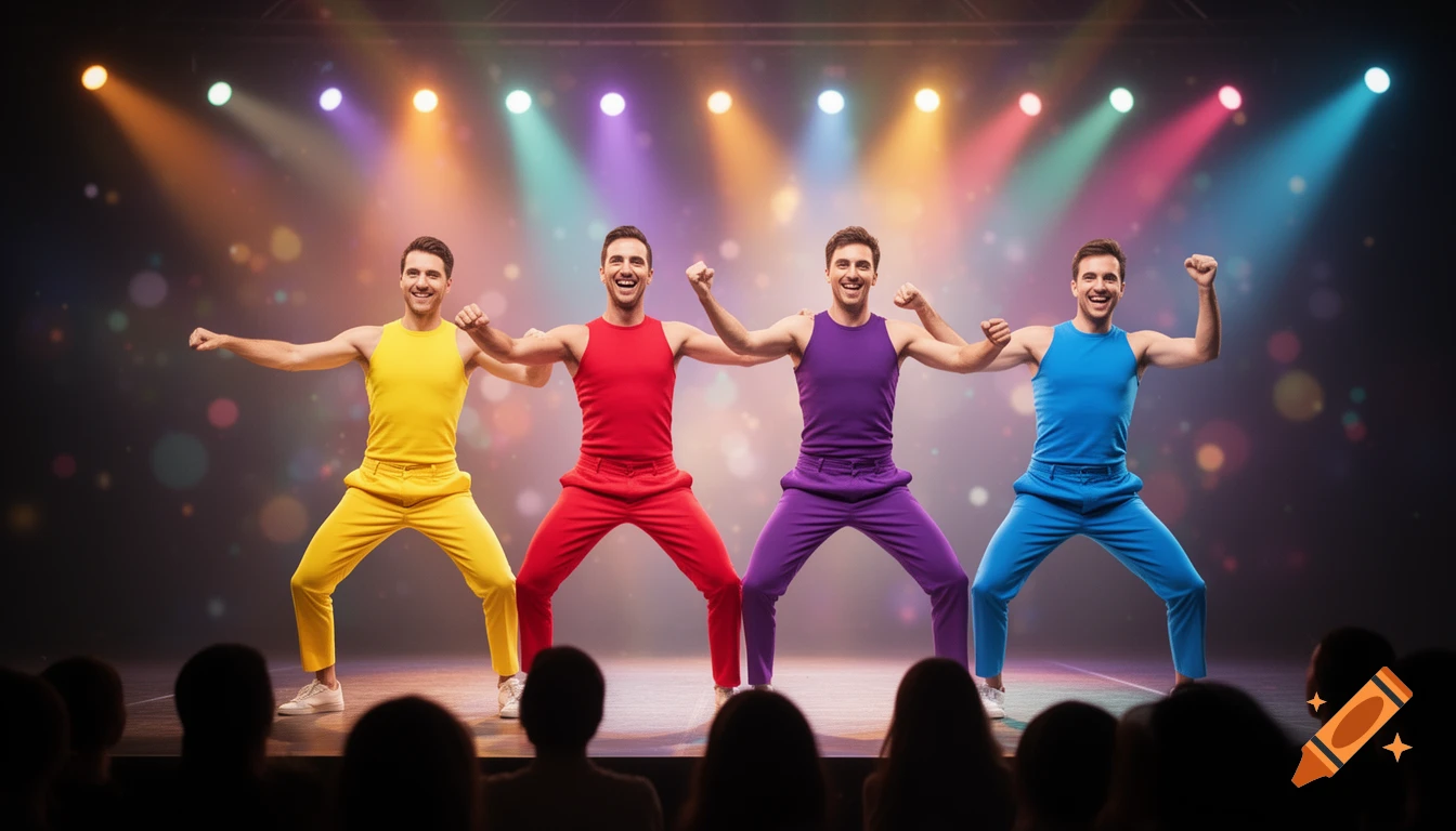 Four men in yellow, red, purple, and blue athletic outfits pose happily on a brightly lit stage with colorful spotlights.