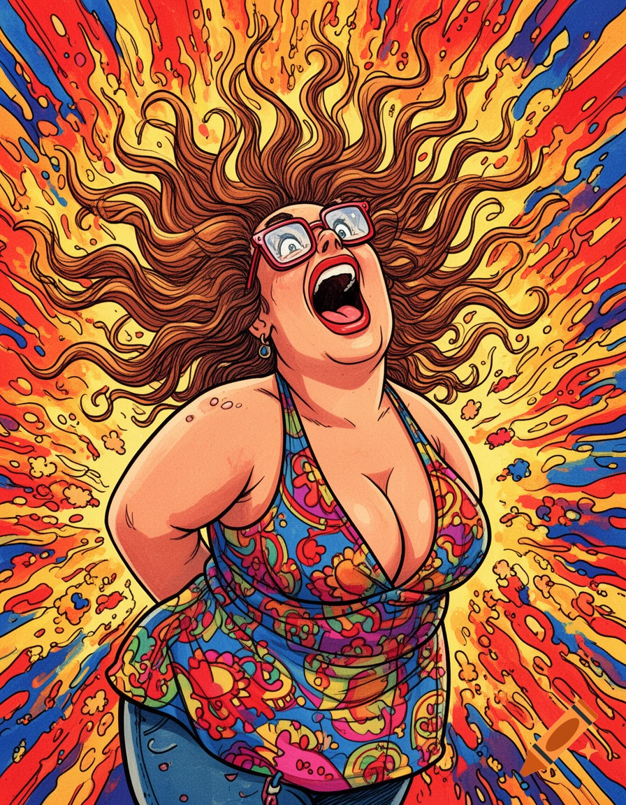 Cartoon woman with wild curly hair, red glasses, and a colorful halter top, yelling intensely against a vibrant psychedelic background.