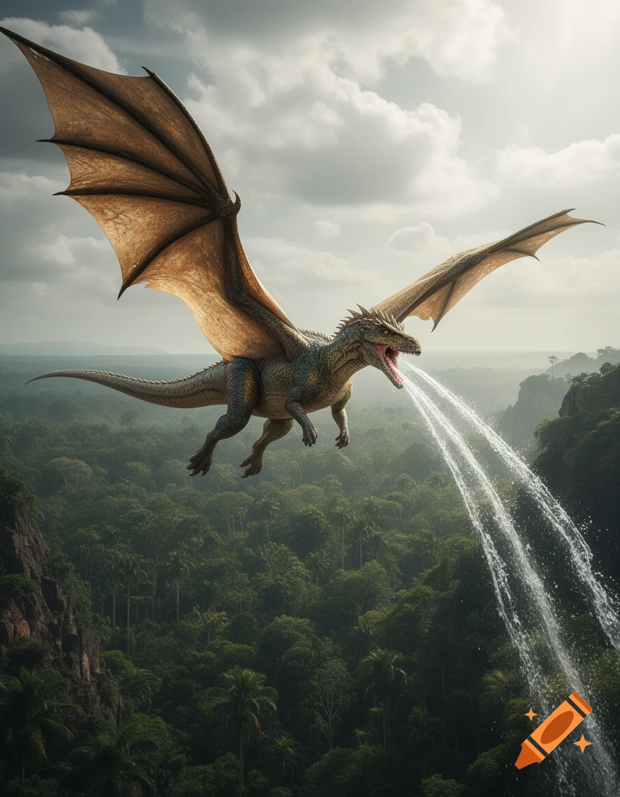 A large, green dragon with huge brown wings flies over a dense jungle, spitting two streams of water from its mouth.