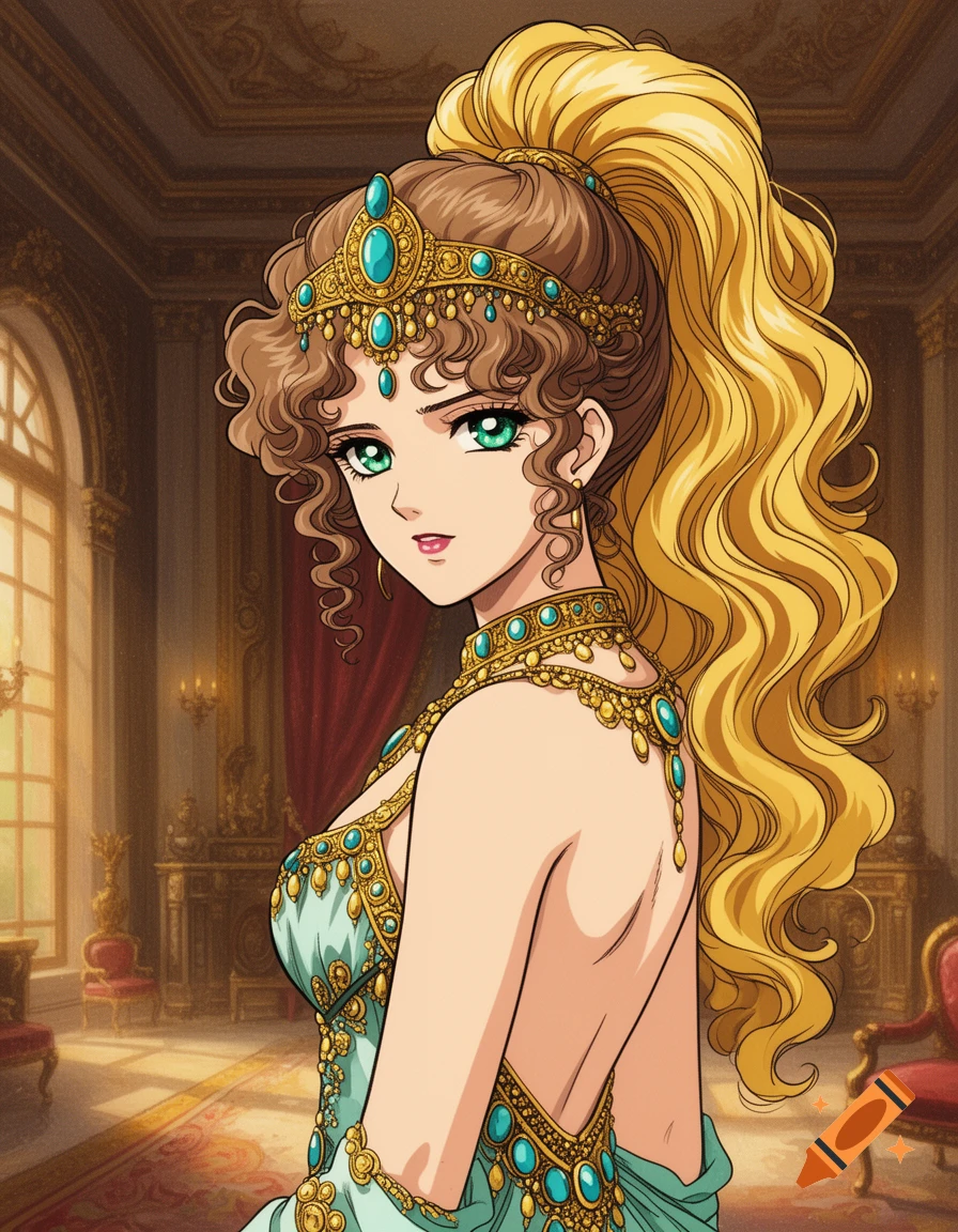 Anime portrait of a princess with voluminous blonde hair, a gold and turquoise headpiece, and an ornate backless dress, looking at the viewer in a royal palace.
