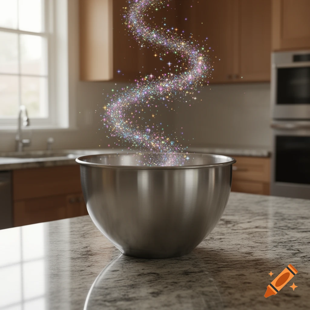 A stainless steel mixing bowl on a speckled kitchen counter with colorful magical sparkles rising from it. A kitchen window is in the background.