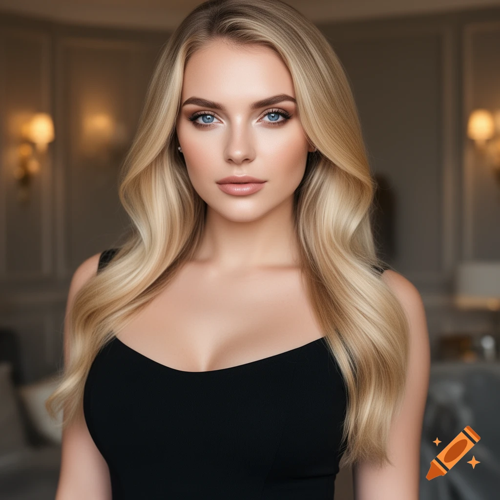 Photorealistic portrait of a blonde woman with blue eyes and long wavy hair, wearing a black top, indoors.
