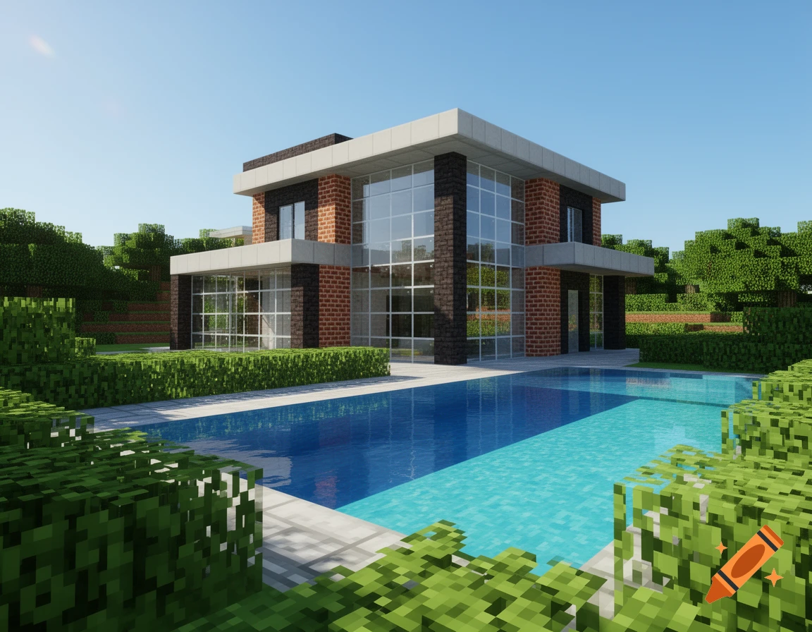 A realistic Minecraft-style villa with a large swimming pool, surrounded by blocky green trees and bushes under a clear blue sky.