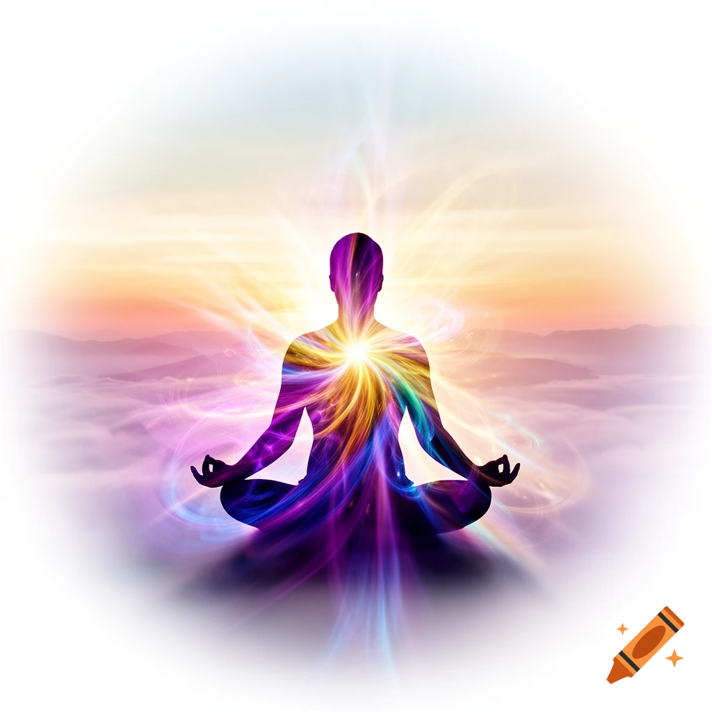 Colorful silhouette of a meditating figure, glowing with spiritual energy, against a serene sunset landscape.