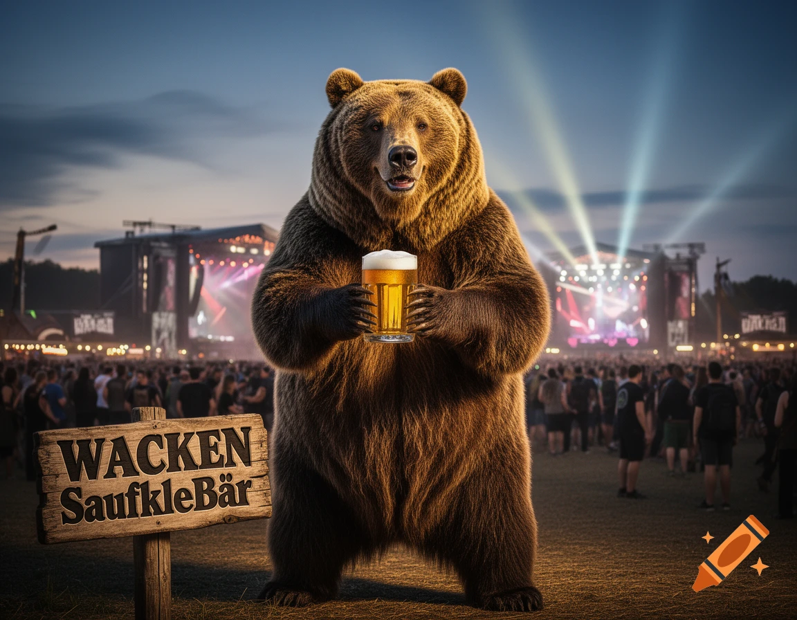Photorealistic brown bear holding a beer glass at an outdoor music festival with a crowd, stage lights, and a sign reading 'WACKEN SaufkleBär'.