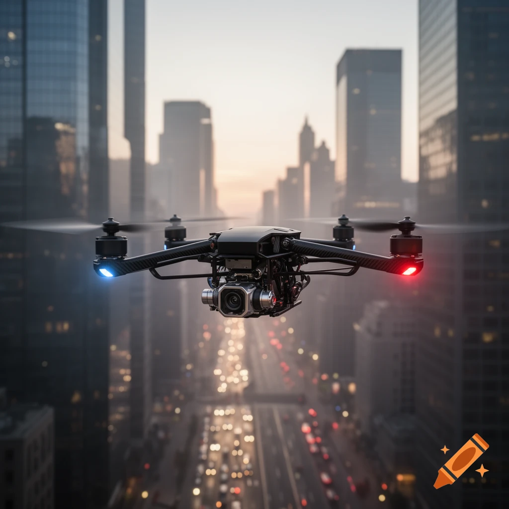 A black drone with glowing blue and red lights hovers above a busy city street with tall buildings at dusk, photorealistic.