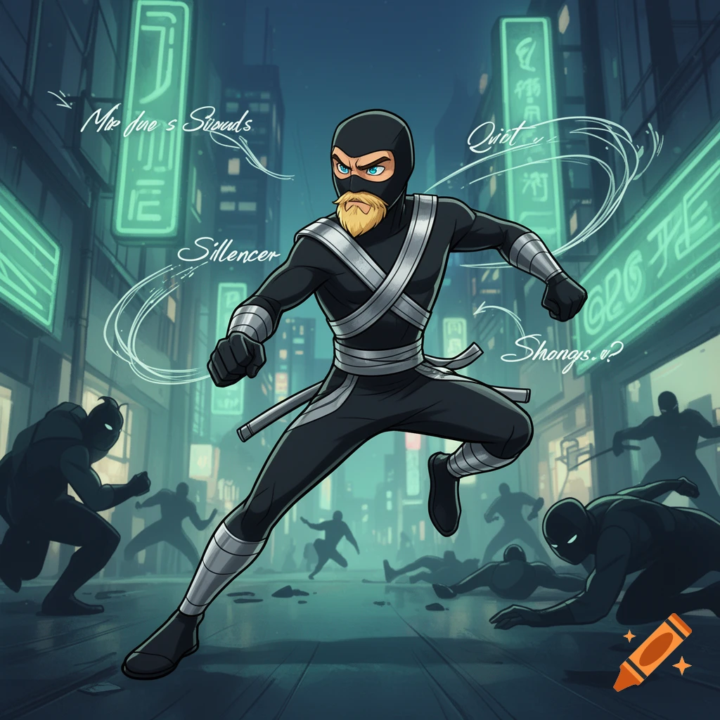 A cartoon ninja superhero with a blonde beard, dressed in black and silver, runs through a neon-lit city street with shadowy figures in the background. Text labels point to his name "Silencer" and "Quiet."