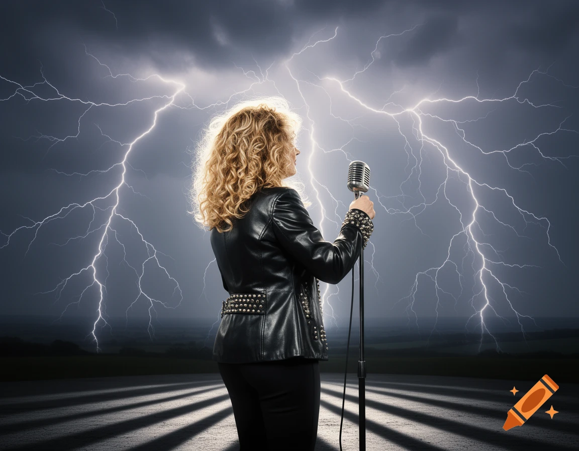 A woman with curly blonde hair, wearing a black leather jacket, stands with her back to the viewer, holding a vintage microphone on a stage with a stormy, lightning-filled sky in the background.