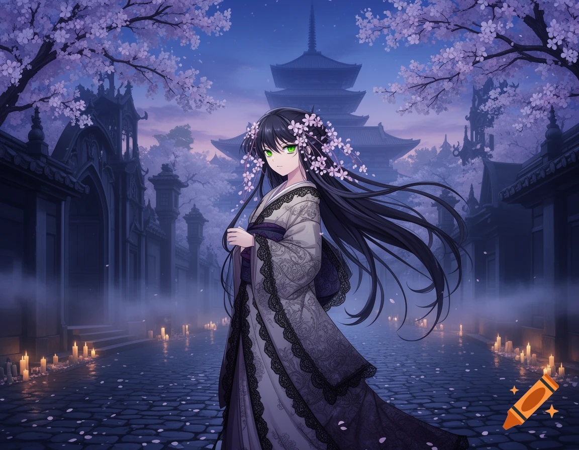 Anime girl in a kimono with cherry blossoms in her hair, standing on a candle-lit street with Japanese pagodas and gothic buildings under a night sky.