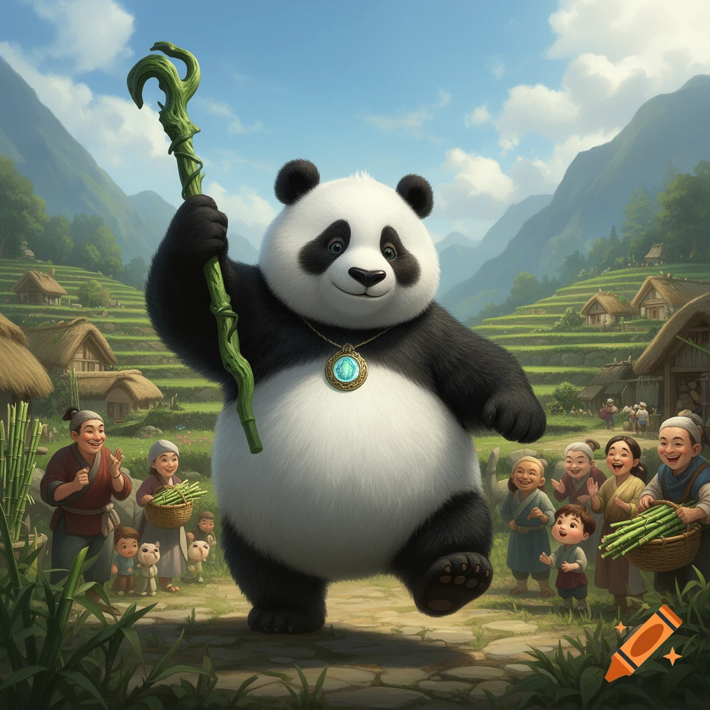 A large, smiling cartoon panda, wearing a medallion and holding a gnarled green staff, walks through a village with terraced fields and cheering people.