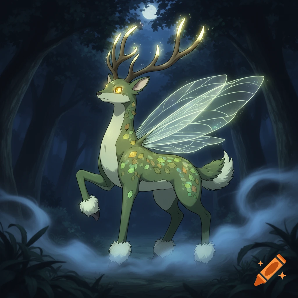 A green, anime-style deer creature with glowing antlers and transparent fairy wings stands in a mystical dark forest under a full moon.