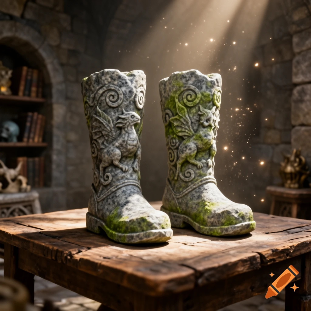 Moss-covered stone boots with carved dragons on a wooden table in a fantasy room, illuminated by magical light.
