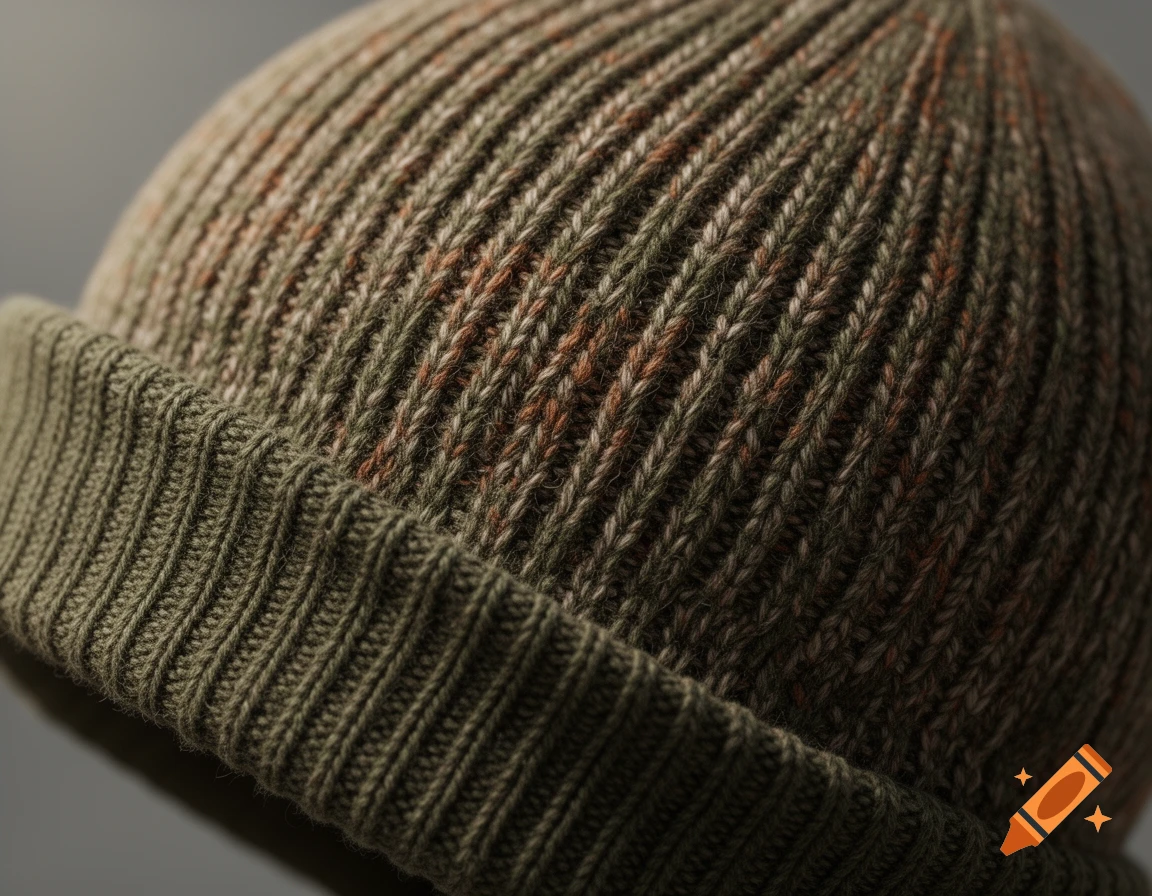 Close-up of a ribbed knitted beanie in olive green and brown, showing detailed texture.