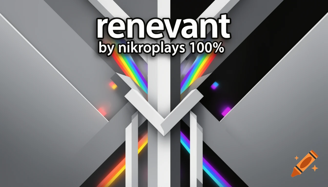 Abstract geometric design with grey, white, black, and rainbow stripes, featuring text 'renevant by nikroplays 100%'.