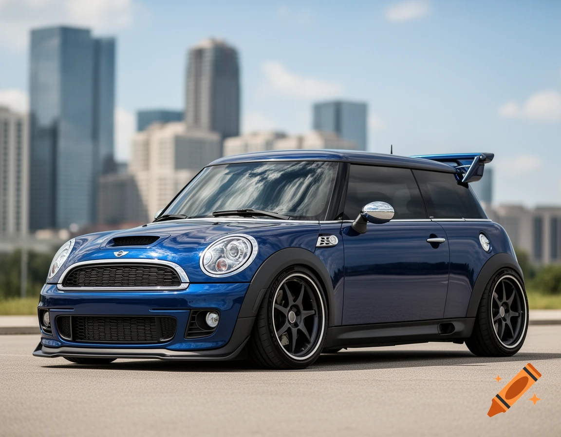 A blue tuned Mini Cooper R56 with a GP spoiler parked on asphalt in front of a city skyline.