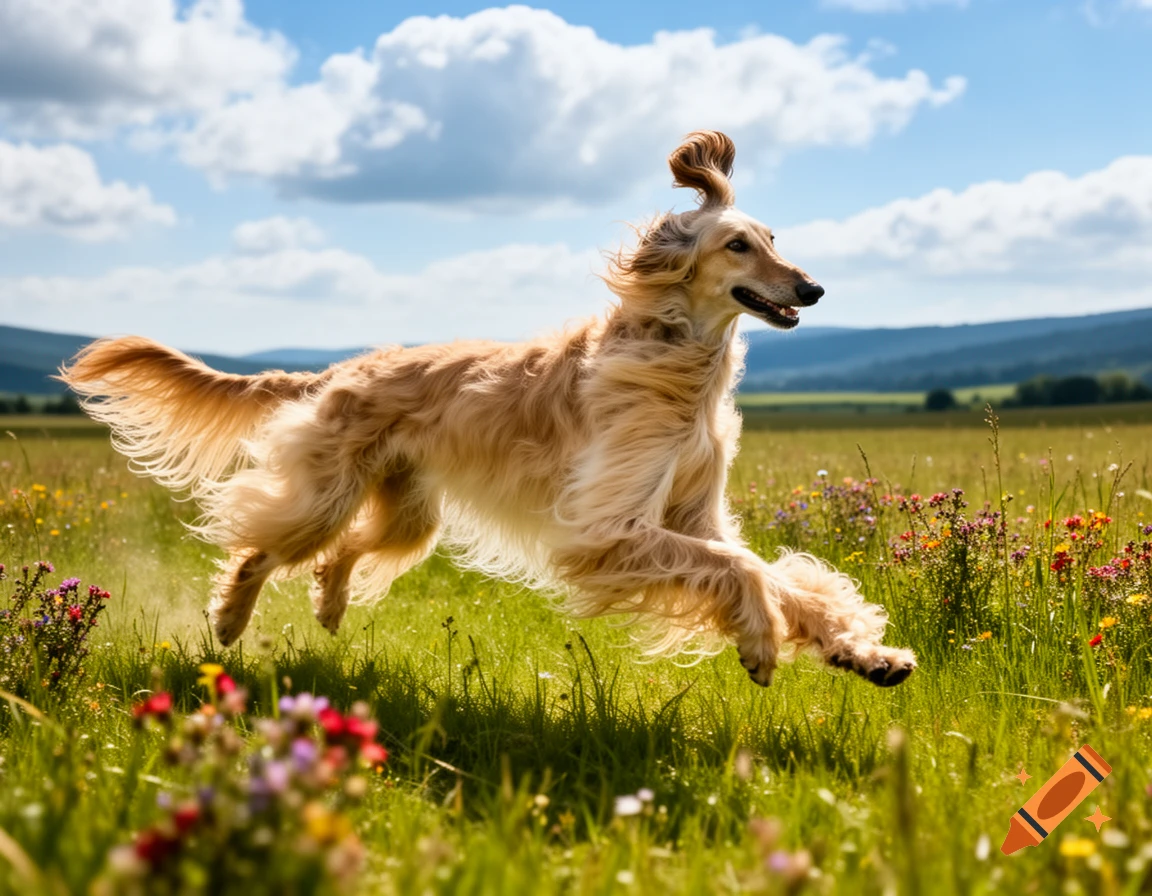 An Afghan Hound dog with long blonde fur runs through a vibrant green field filled with colorful wildflowers under a blue sky.